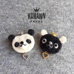 平たぁ〜い「kumawn/クマウン・panda」ブローチ・パンダ・ぎゃくパンダ・可愛い  ハート 王冠 1枚目の画像