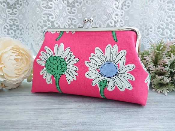 [可選拉鍊袋或搭扣] 粉紅色超大瑪格麗特搭扣袋*花卉非洲菊，適合旅行和禮物 第1張的照片