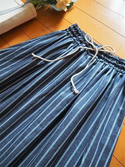 ストライプギャザースカート　リネン混　フリーサイズ 1枚目の画像