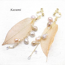 Kasumi 巴洛克淡水珍珠和真葉零件耳環 de-59-ks-348 第1張的照片
