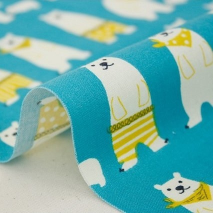 お洒落なクマさん！『Smiling bear - ブルー　デザイン布地』～50㎝単位でカット～ 1枚目の画像