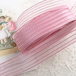 『ストライプ　光沢が綺麗なオーガンジーリボン』～ピンク　25㎜幅×1ヤード単位でカット～ 1枚目の画像