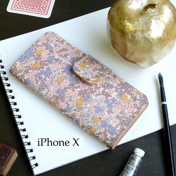 牛革 iPhone X/XS アイフォンケース 手帳型（ロマンティック インパチェンス） ILL-1138 1枚目の画像
