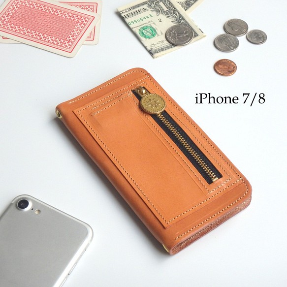iPhone7/8 ファスナーポケット付 アイフォン ケース（ビスケットベージュ）手帳型 牛革 ILL-1180 1枚目の画像