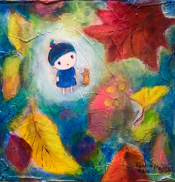 秋の葉　(紅葉) 原画　#原画のある暮らし#癒しの絵画＃色のある暮らし#女の子と子猫#秋の絵画#幸せになる絵画#かわいい