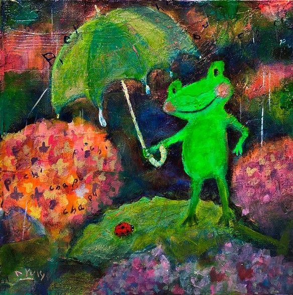 雨の日に」#可愛いカエル#幸せ#テントウムシ#癒しの絵#世界に一つだけ