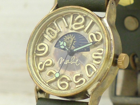 Men's32mm Brass Sun&Moon サン＆ムーン 手作り腕時計 [358S&M KH] 1枚目の画像