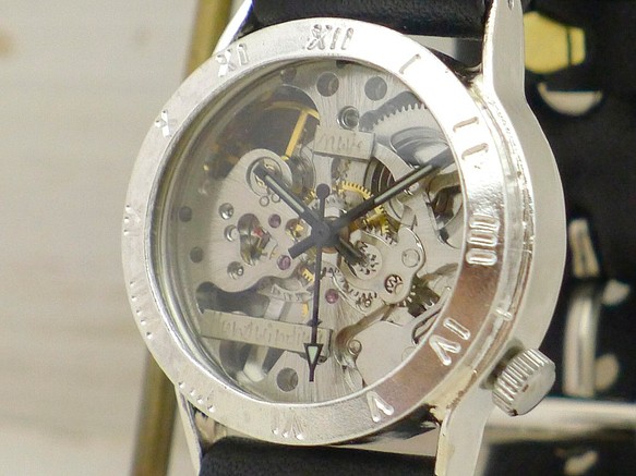 SHW027 ローマ数字ベゼル 手巻きSilver Mens  手作り腕時計  [SHW027ローマ SV/BK] 1枚目の画像