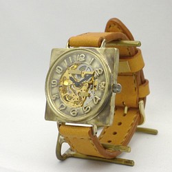 BAM049 自動巻Brass特大ｻｲｽﾞ(42mm)スクエア 手作り腕時計 [BAM049 GD/CA手縫] 1枚目の画像