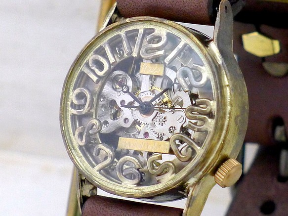 BHW064 手巻きBrass 32mm 立体ｲﾝﾃﾞｯｸｽ 手作り腕時計 [BHW064] 1枚目の画像