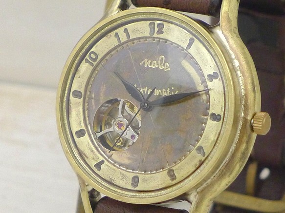 BAM060 自動巻きオープンハート 36mmBrass(真鍮) アラビア数字 手作り腕時計 [BAM060アラビア] 1枚目の画像