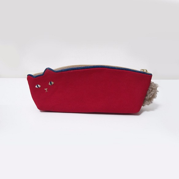 【送料無料】倉敷帆布のねこペンケース赤【受注生産】Pinpignon猫ペンケース 1枚目の画像
