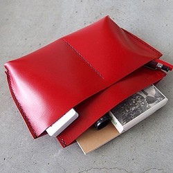 包中包 [5 個皮革口袋 S] 紅黑線 KAKURA 牛皮手工縫製名字雕刻可能 第1張的照片