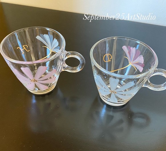 結婚禮物【花開對杯】薩克斯藍x巧克力波斯菊耐熱玻璃對只咖啡杯|生日禮物 第1張的照片