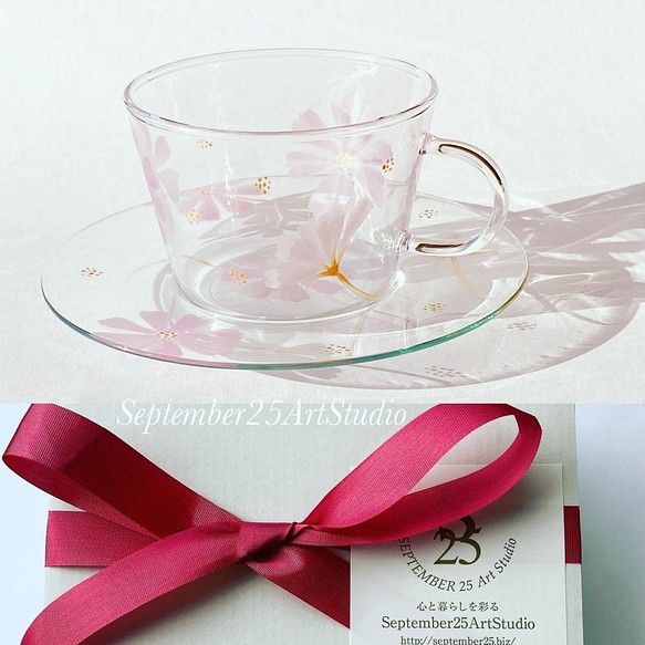 Creema Limited 2020年聖誕節[波斯菊秋季櫻花]玻璃茶杯和茶碟|婚禮慶典/ 60歲生日慶典/退休慶典 第1張的照片