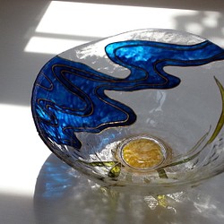 【ガラスの抹茶】流水と月夜と菖蒲（あやめ・アヤメ）ガラスの抹茶茶碗/父の日ギフト・誕生日プレゼント 1枚目の画像
