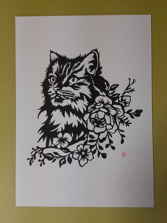 切り絵アート 猫とバラの花 切り絵 makochin 通販｜Creema(クリーマ)