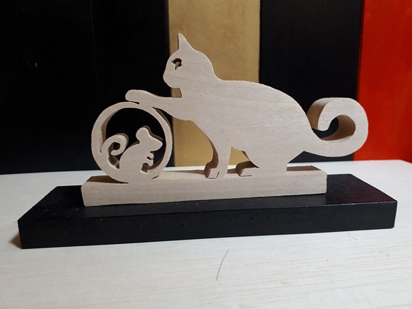 木工アート　ねことネズミ 1枚目の画像