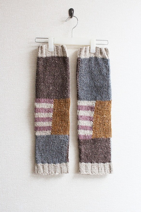 手工編織羊毛麻暖腿棕色×藍色 第1張的照片