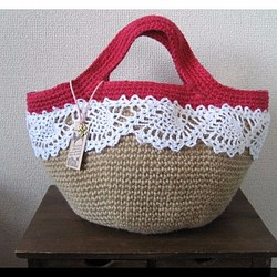 【定做】雙色麻線籃包 L 手工編織菠蘿花邊（紅色） 第1張的照片