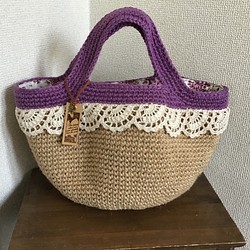 [1最後]雙色麻線籃子袋L（紫色）手工編織扇貝花邊 第1張的照片