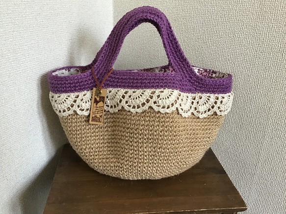 [1最後]雙色麻線籃子袋L（紫色）手工編織扇貝花邊 第1張的照片