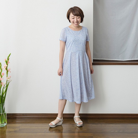 [XS-LL定做]阿米甚人風格的簡單連衣裙◇植物圖案（藍色）*薄面料* 第1張的照片