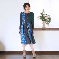 [XS-LL訂單生產]阿米甚人風格簡單連衣裙◇藍色/組合圖案*薄面料* 第1張的照片
