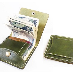 [右開口卡袋3]薄型簡易紙幣剪MC-10-1帶側護罩的錢夾橄欖色 第1張的照片