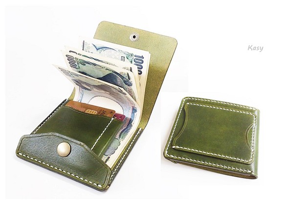 [右開口卡袋3]薄型簡易紙幣剪MC-10-1帶側護罩的錢夾橄欖色 第1張的照片