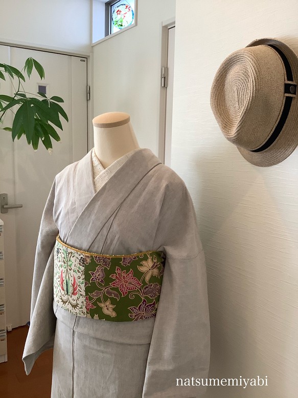 ◆バティック半幅帯パッチワーク108 leaf green ／kimono ethnic／ナツメミヤビ 1枚目の画像