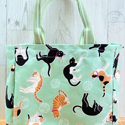 爽やかミントグリーンカラーの猫プリント帆布の3室バッグ 1枚目の画像