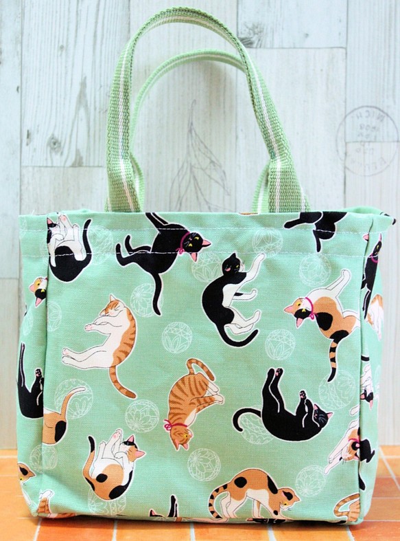 爽やかミントグリーンカラーの猫プリント帆布の3室バッグ 1枚目の画像