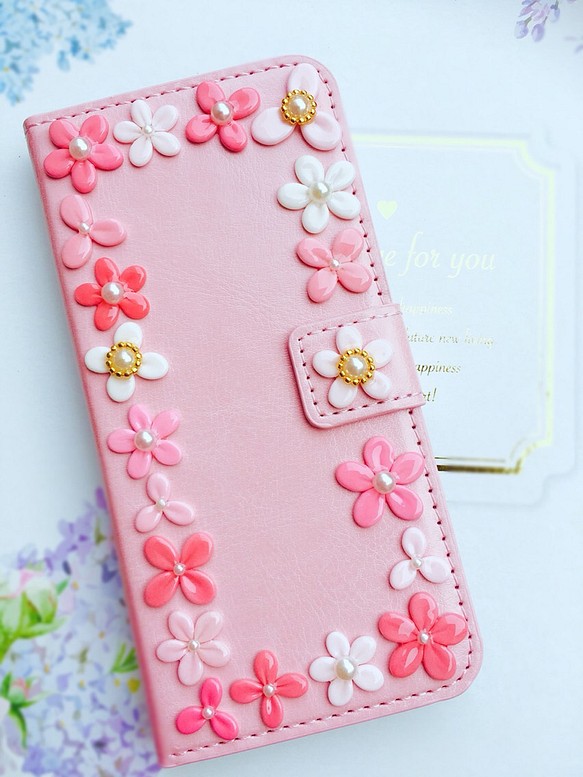 ❁花咲くブーケ手帳ケース❁ サクラピンク満開♡iPhone 6・7 他機種お取り寄せ対応 1枚目の画像