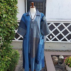 着物リメイク　古布　手作り　BORO 襤褸　藍の濃淡、縞　ビッグ　ワンピース