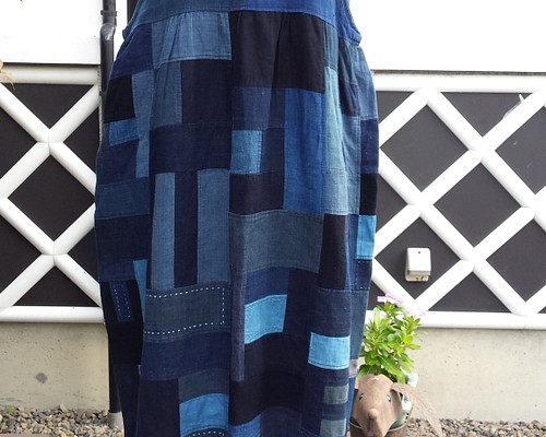 着物リメイク 古布 手作り 藍 パッチワーク ジャンパースカート 
