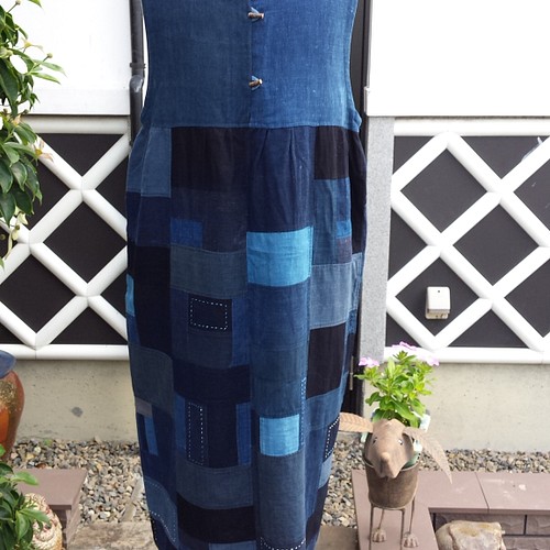 着物リメイク 古布 手作り 藍 パッチワーク ジャンパースカート 