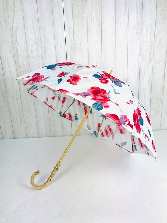 花柄ﾌﾟﾘﾝﾄ＊ｺｯﾄﾝ＊手元ﾊﾞﾝﾌﾞｰ＊撥水加工済〕HiraTen parasol＊日傘