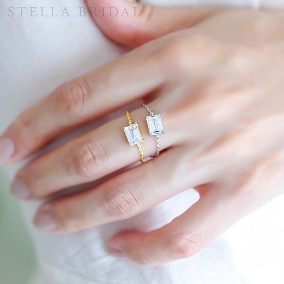 Sv925 エメラルドカット一粒キュービックジルコニアの華奢チェーンリング 指輪 リング Stella Bridal 通販 Creema クリーマ ハンドメイド 手作り クラフト作品の販売サイト