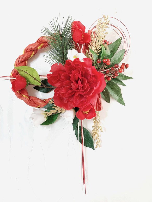 新年を祝うお飾り＊金稲穂と赤芍薬のお正月飾り 1枚目の画像