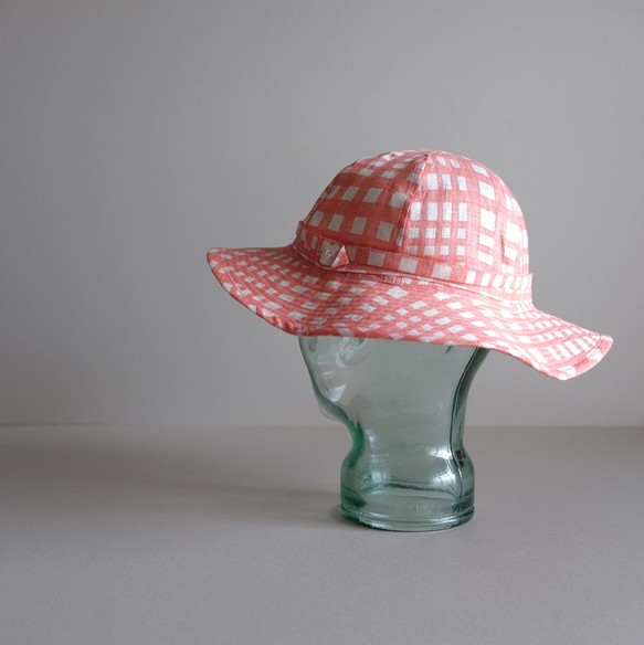 夏季遮陽篷 ◎ 亞麻布格紋 [橙色粉紅色] / 玩絲帶的帽子 第1張的照片