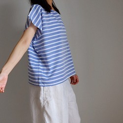 方形法式袖襯衫/棉質多邊形巴斯克[薩克斯藍與白] 第1張的照片