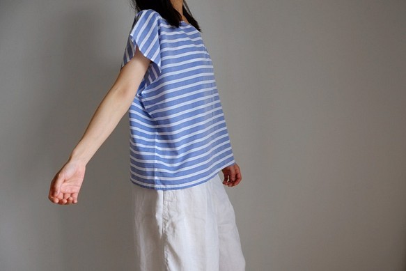 方形法式袖襯衫/棉質多邊形巴斯克[薩克斯藍與白] 第1張的照片