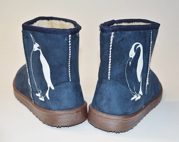 （Y様 オリジナル注文3足）ペンギン ボアブーツ、靴、オリジナルデザイン、シルクスクリーン, 冬ブーツ 1枚目の画像