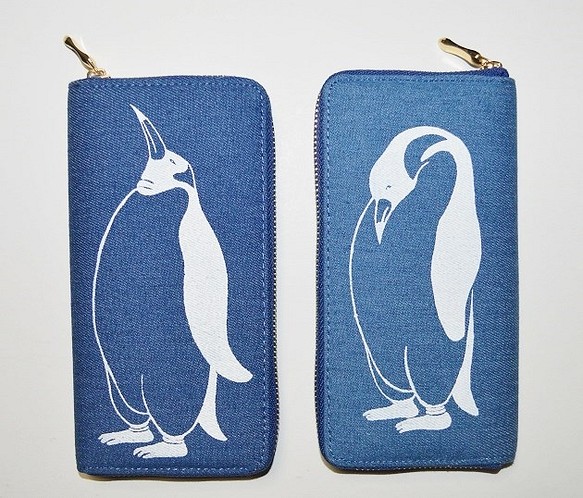 ペンギン　デニム長財布、オリジナルデザイン　ネイビー　両面プリント 1枚目の画像