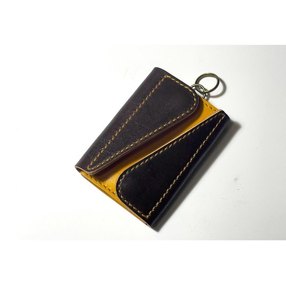 手染めレザー濃茶x黄茶 コンパクトウォレット 財布  ミニ財布 パスケース コインケース 1枚目の画像
