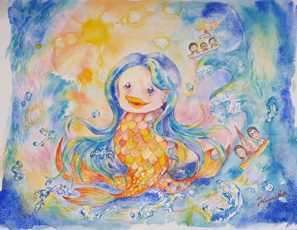 アマビエ 朝焼けの海 家族 お守り 注文絵画 水彩 イラスト Njiirokameko 通販 Creema クリーマ ハンドメイド 手作り クラフト作品の販売サイト