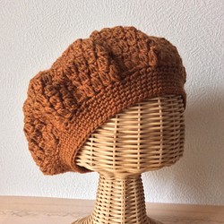 あったかベレー帽 手編み 茶系 1枚目の画像