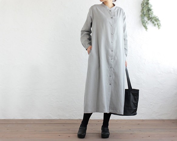 亞麻立領襯衫式連衣裙2way Haori（淺灰色） 第1張的照片
