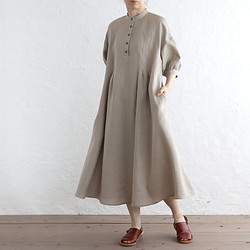 《限量1》亞麻燈籠袖褶襉寬裙（米色） 第1張的照片